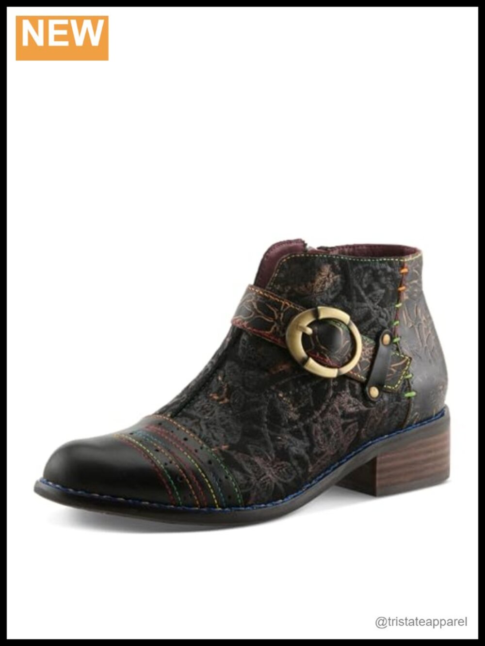 Hand-Painted Faux Leather Ankle Booties with Zipper and Buckle
